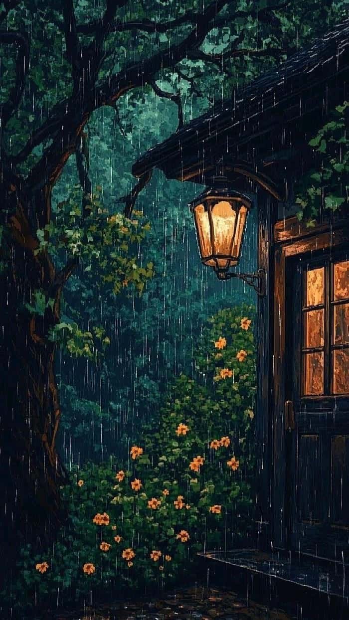 Bức hình mưa buồn ánh đèn mờ