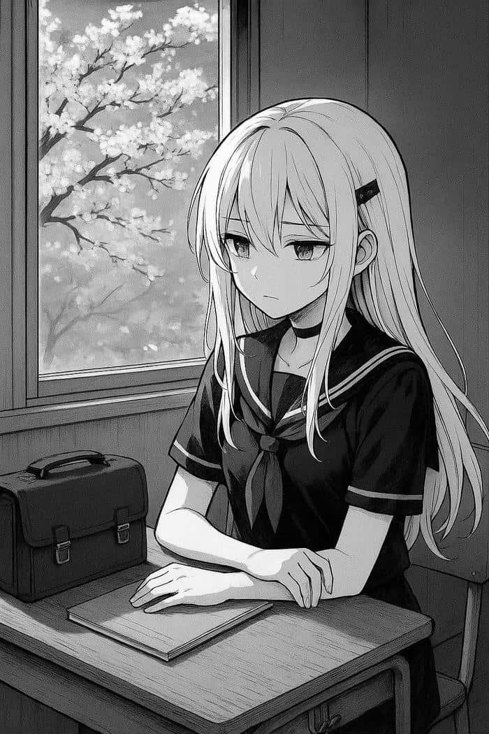 Hình ảnh Anime trắng đen dáng ngồi yên