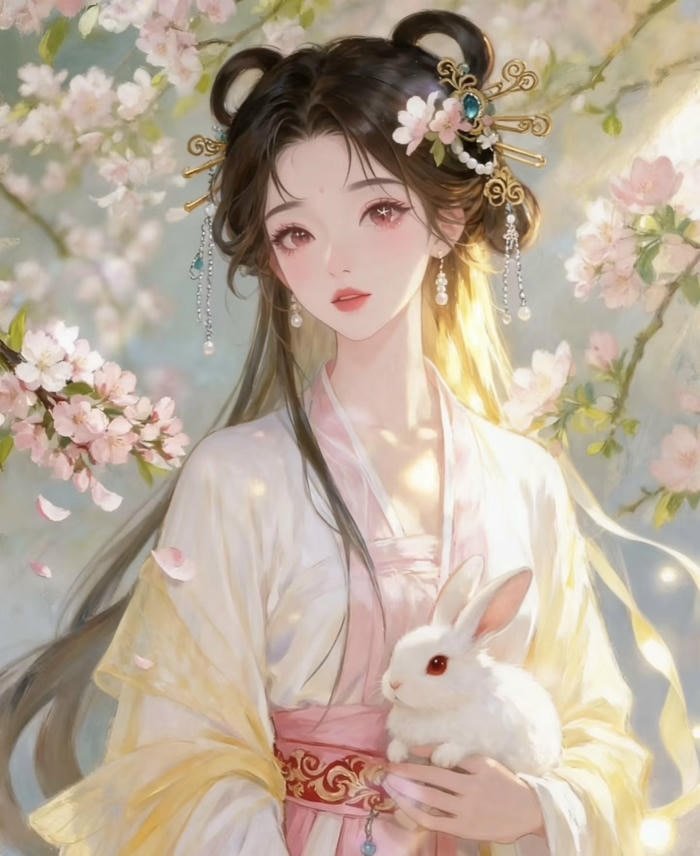 Hình ảnh anime cổ trang nữ ôm con thỏ