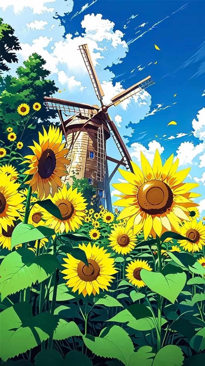 Hình ảnh anime hoa hướng dương đung đưa trong gió