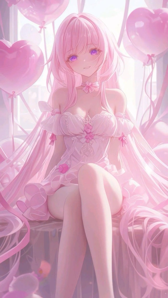 Hình ảnh anime màu hồng ngồi im