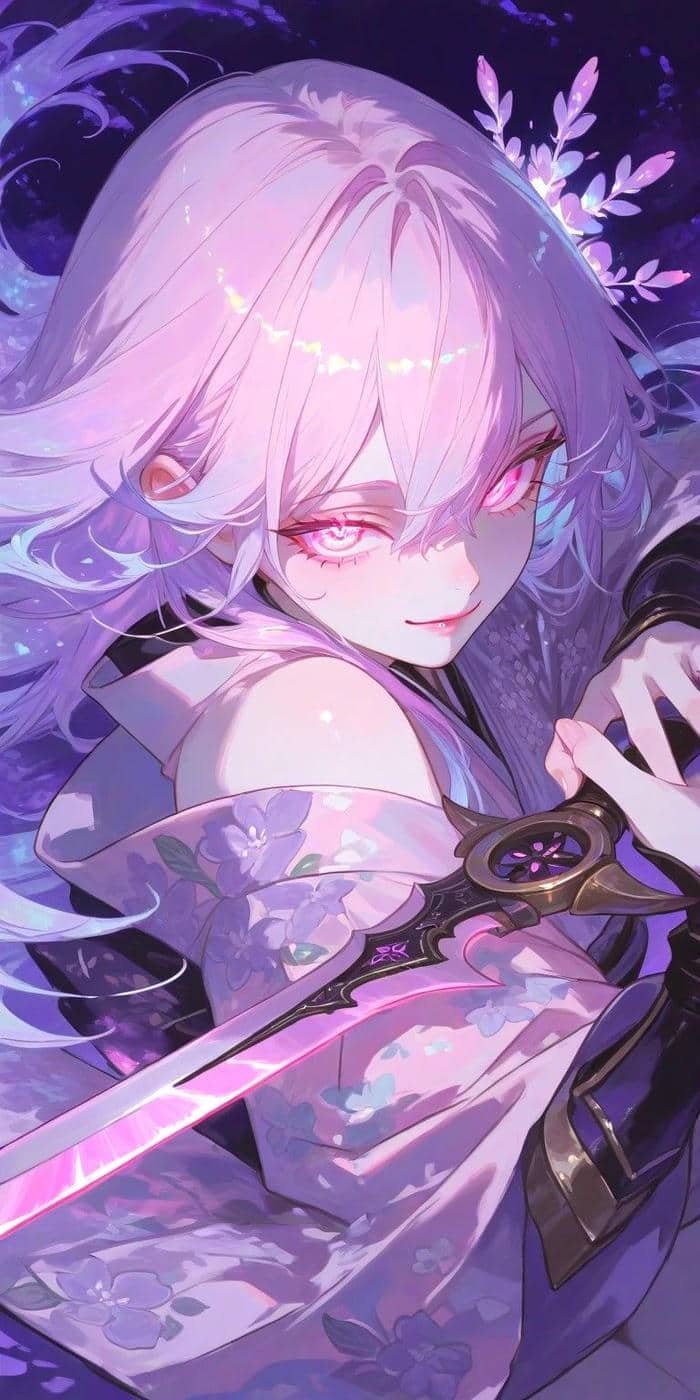 Hình ảnh anime màu tím cầm kiếm