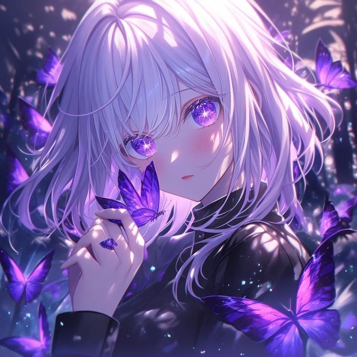 Hình ảnh anime màu tím tay cầm cánh bướm