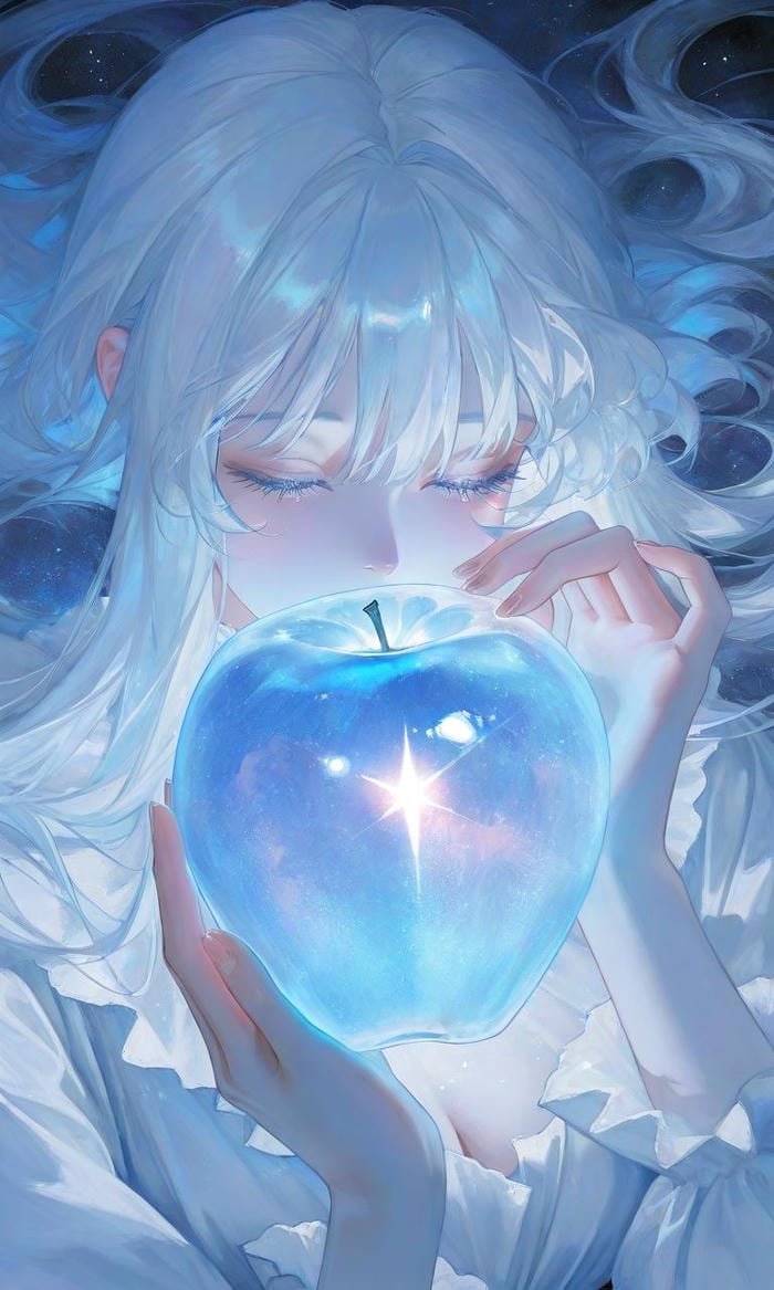 Hình ảnh anime màu xanh dương cầm quả táo