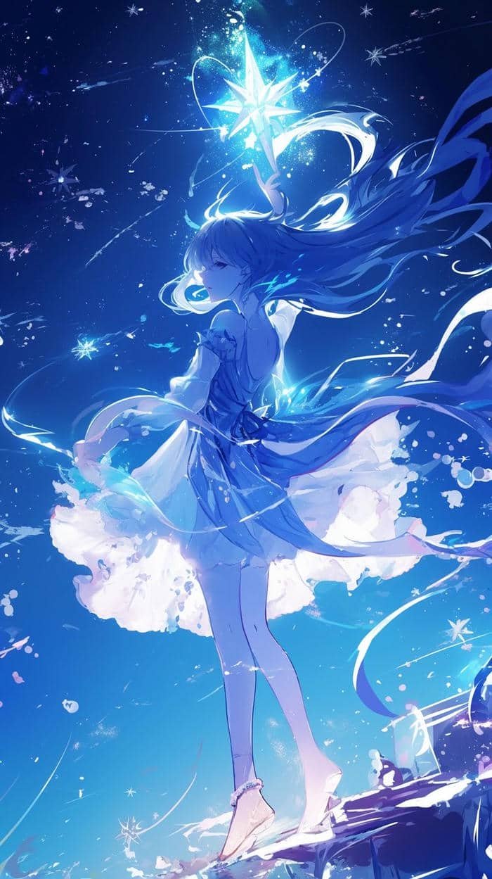 Hình ảnh anime màu xanh dương tóc tung tay