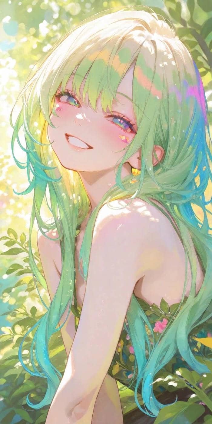 Hình ảnh anime màu xanh lá cây cười tươi