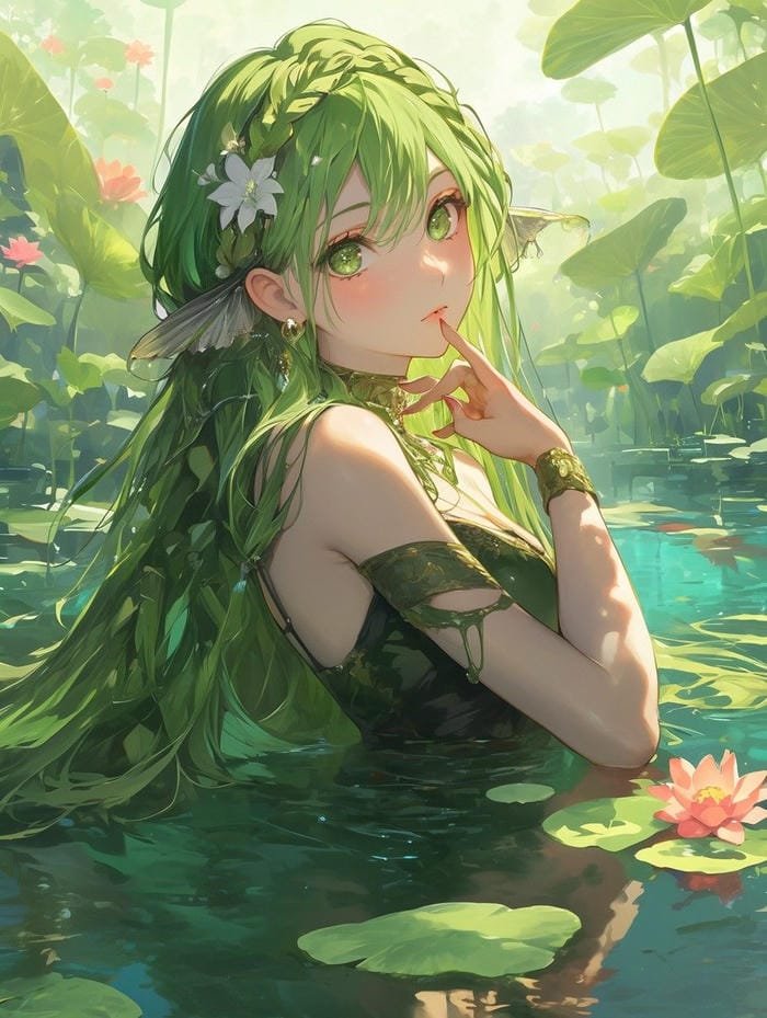 Hình ảnh anime màu xanh lá cây dưới nước