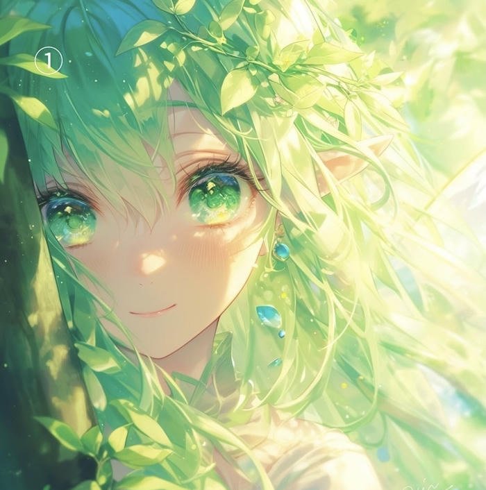 Hình ảnh anime màu xanh lá cây mắt long lanh
