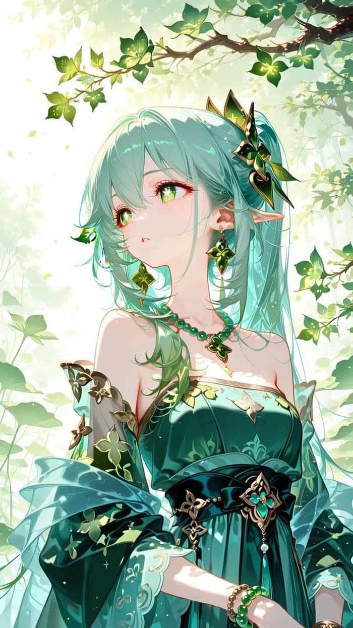 Hình ảnh anime màu xanh lá cây mắt trònjpg