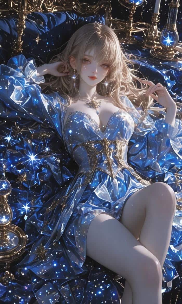 Hình anime 3d mặc đầm xanh dương