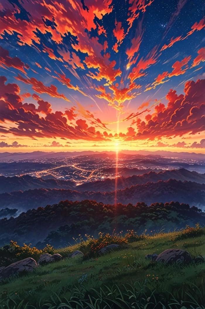 Hình anime hoàng hôn ánh cam lan tỏa