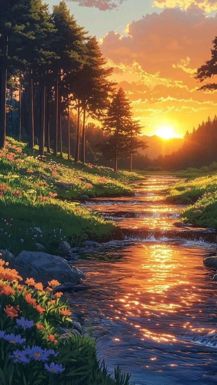 Hình anime hoàng hôn bầu trời loang màu