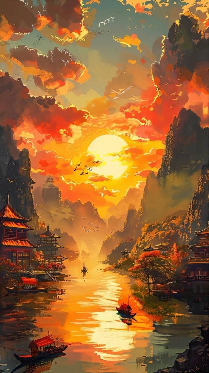 Hình anime hoàng hôn bầu trời rộng lớn