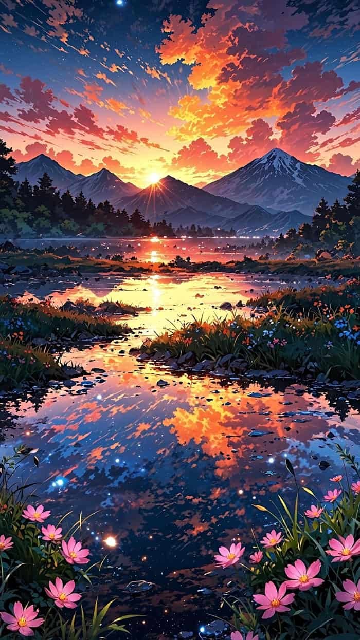 Hình anime hoàng hôn sắc màu chuyển động