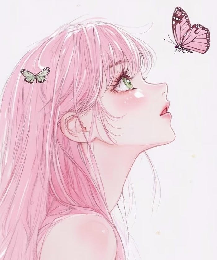 Hình anime màu hồng nhìn con bướm