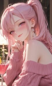 Hình anime màu hồng tóc buộc gọn