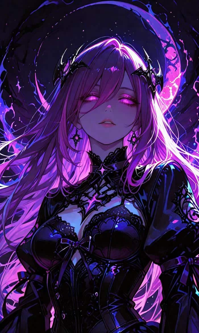 Hình anime màu tím ánh nhìn sắc