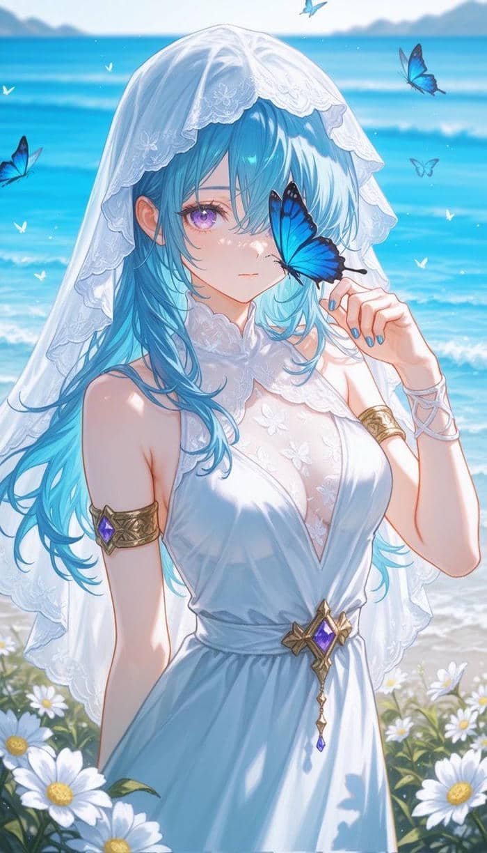 Hình anime màu xanh dương bên đàn bướm