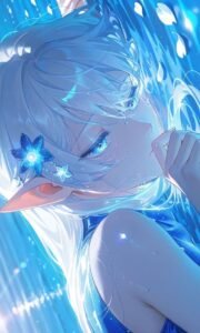 Hình anime màu xanh dương hoa cài tócjpg