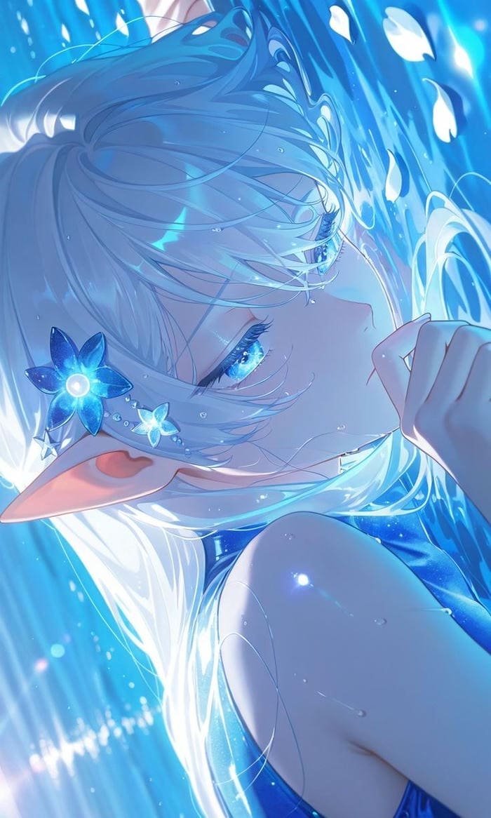 Hình anime màu xanh dương hoa cài tócjpg