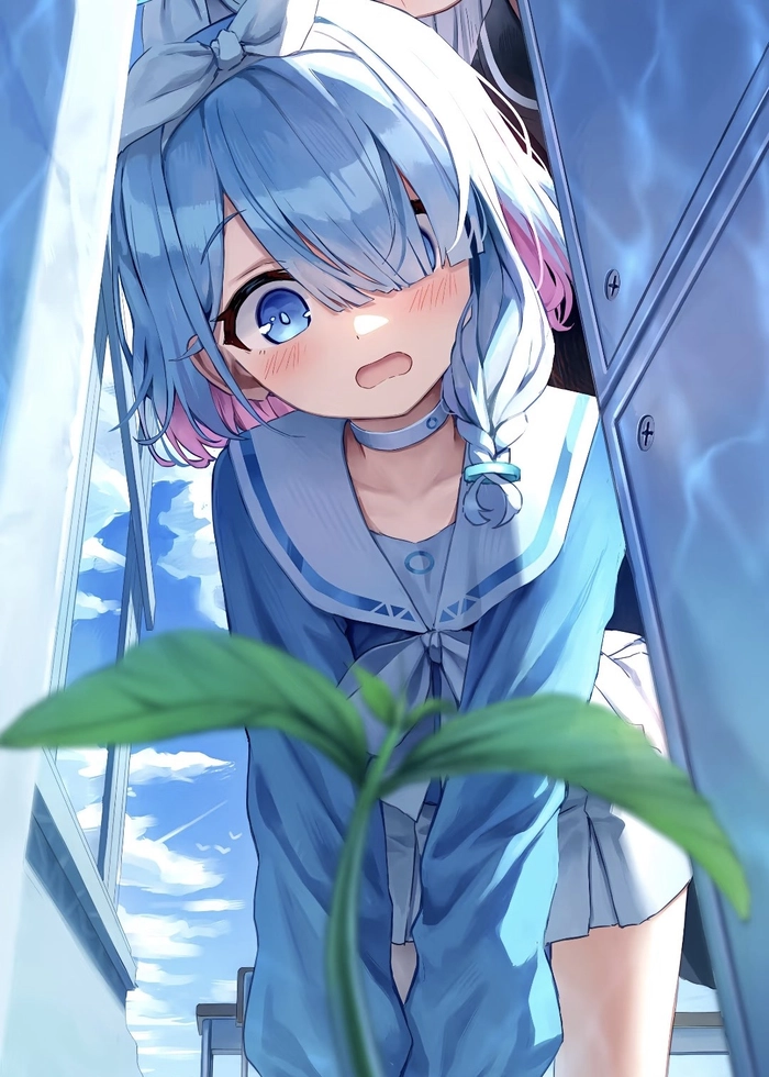 Hình anime màu xanh dương với ánh mắt cuốn hút