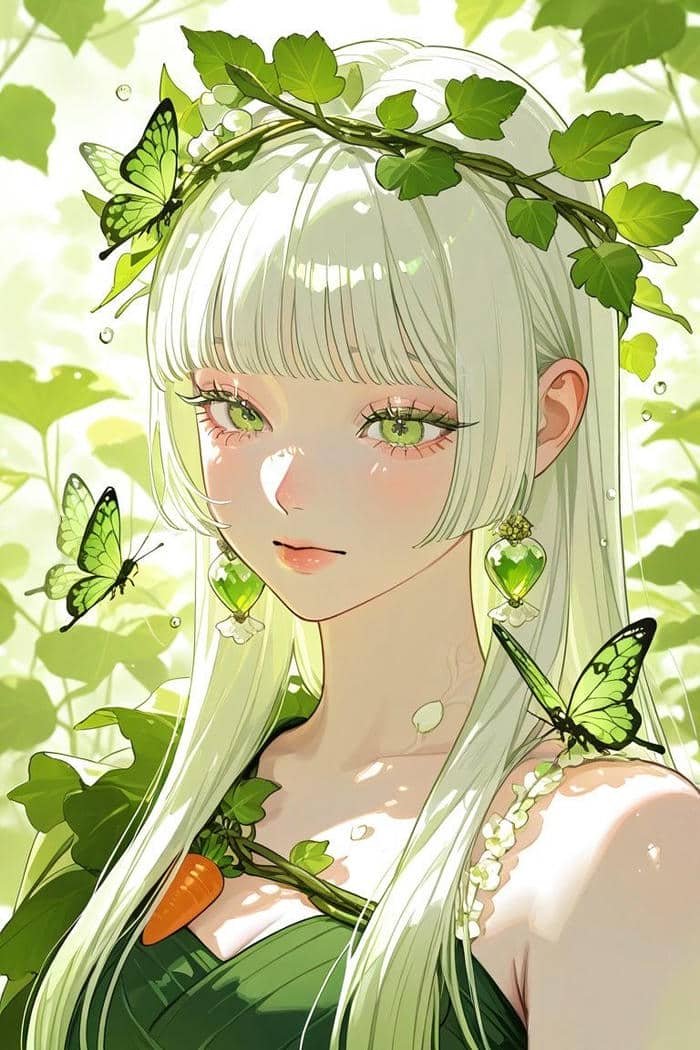 Hình anime màu xanh lá cây ánh mắt dịu