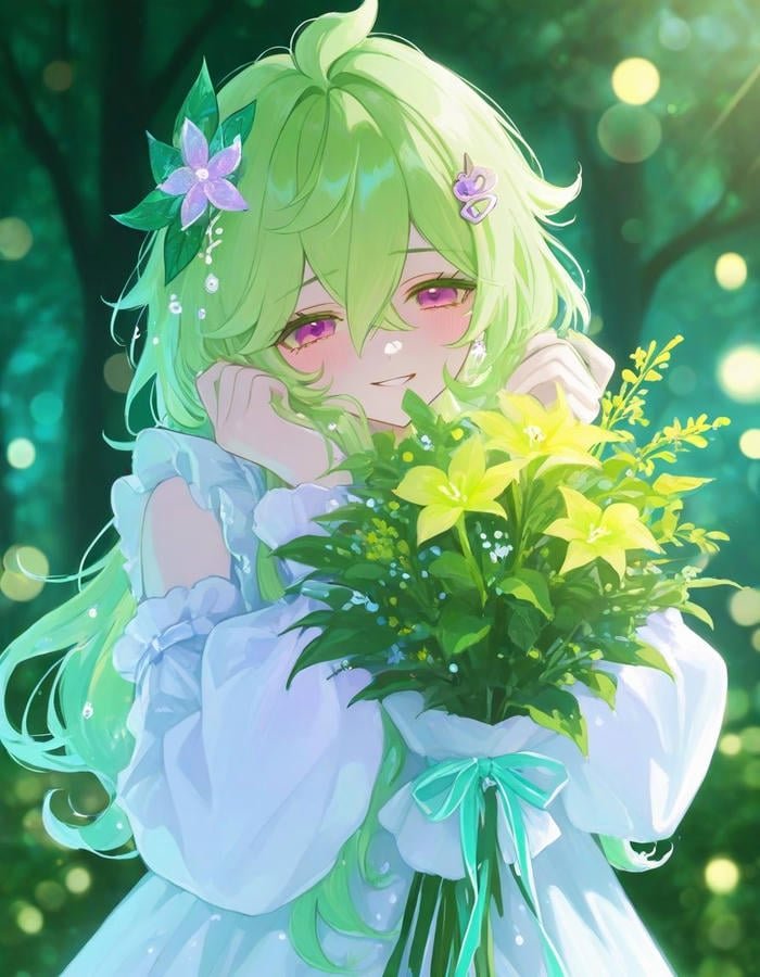 Hình anime màu xanh lá cây ánh mắt tím