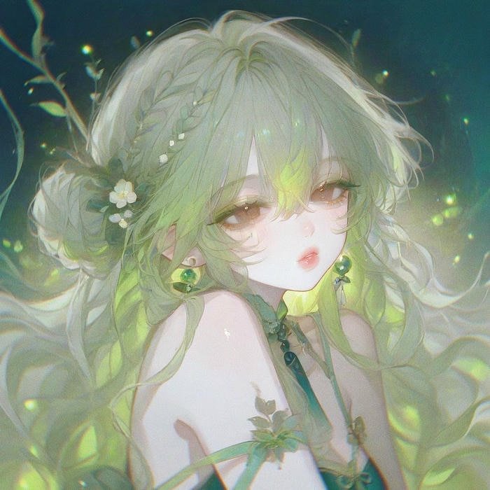 Hình anime màu xanh lá cây gương mặt sáng