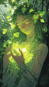 Hình anime màu xanh lá cây mắt nhắm