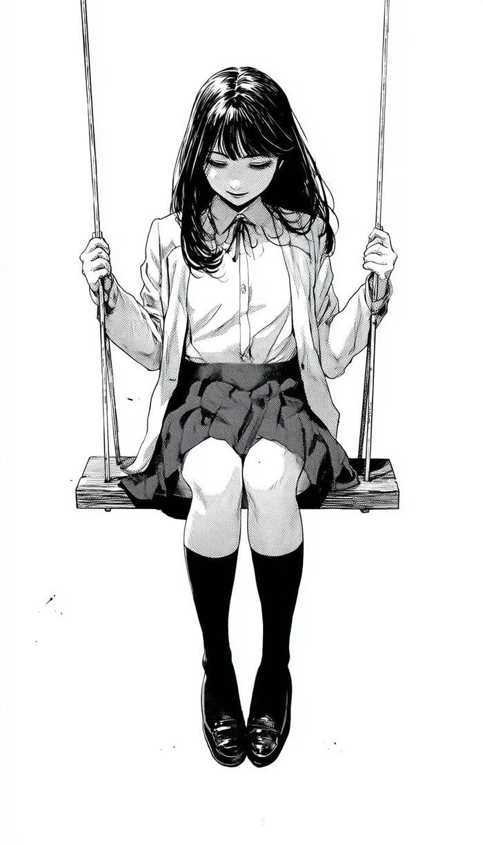 Hình anime trắng đen ngồi xích đu