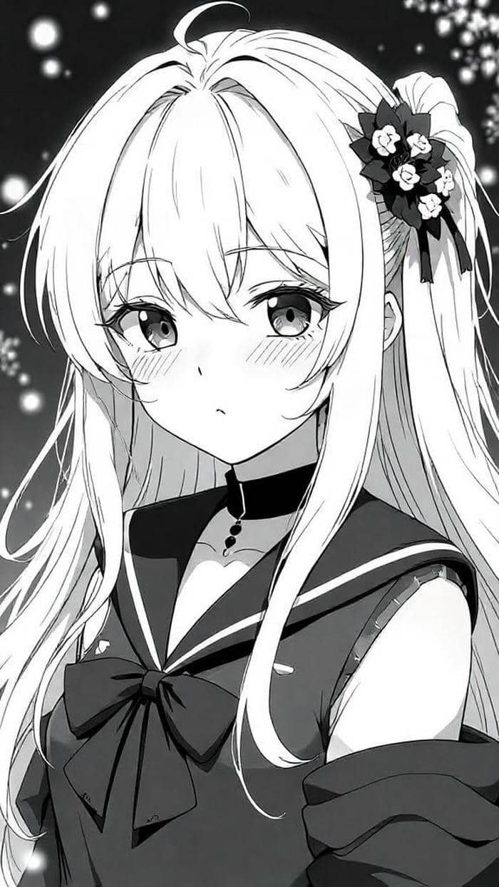 Hình anime trắng đentosc cài hoa