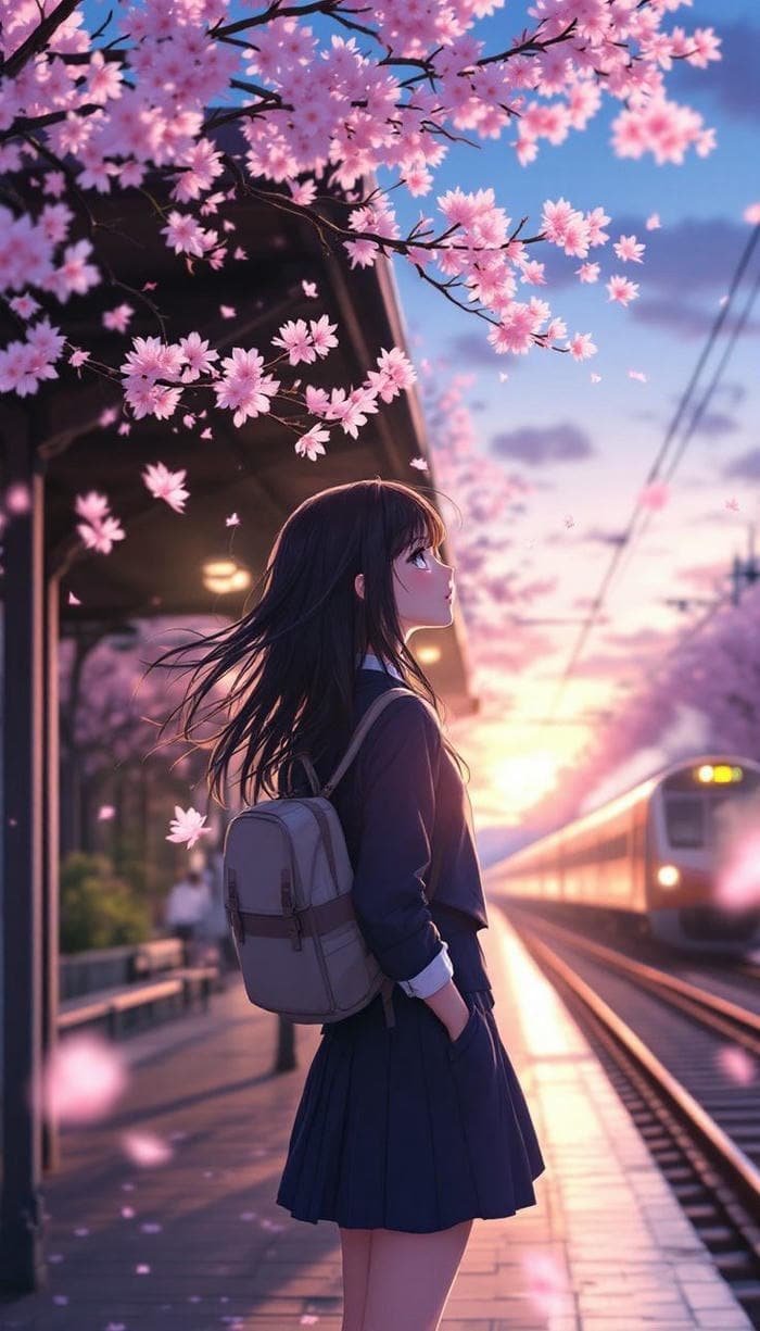 Hình hoa anh đào anime bên đường tàu