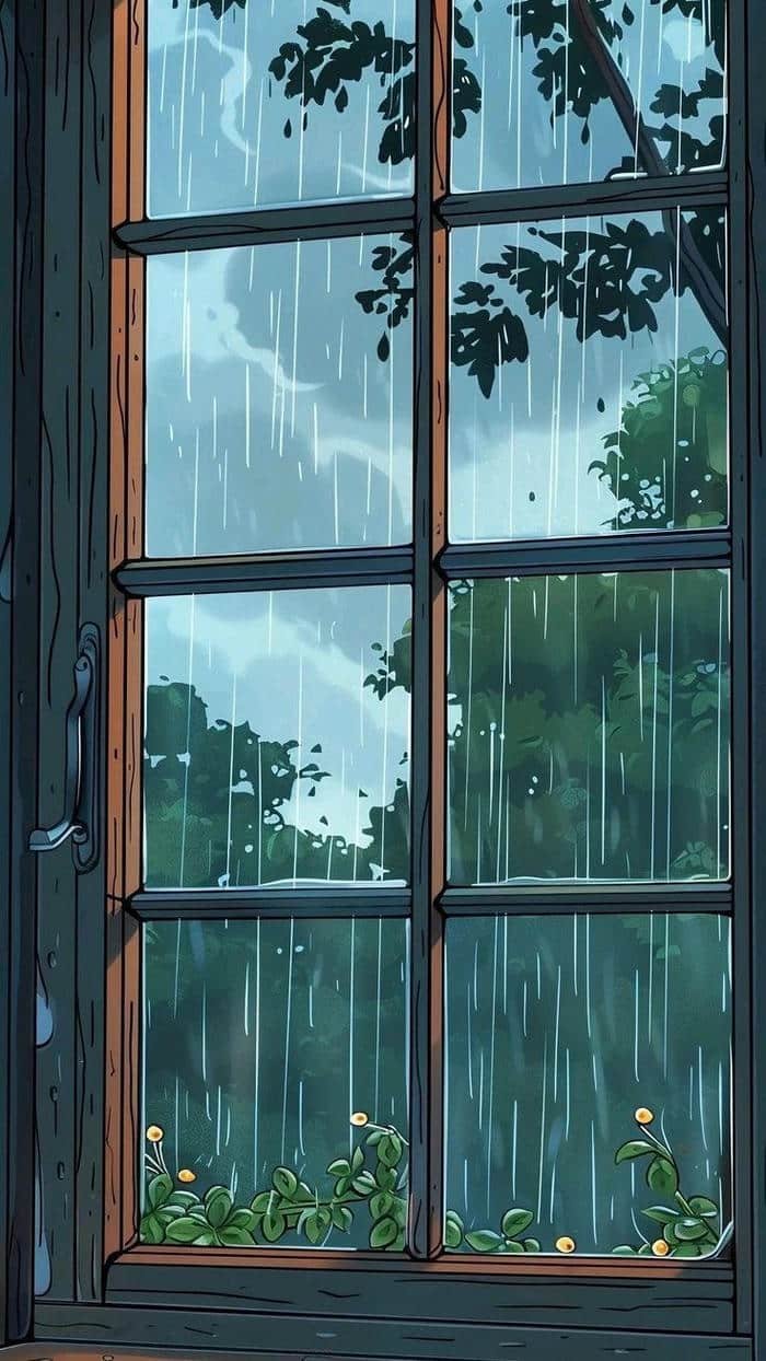 Hình mưa buồn bên khung cửa sổ