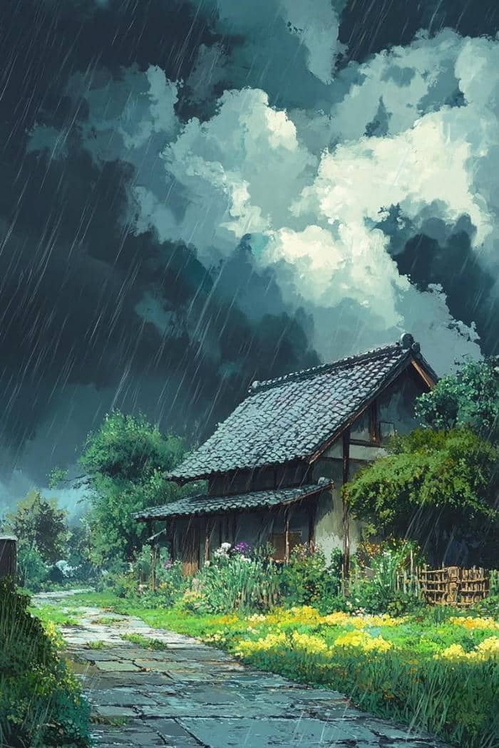 Hình mưa buồn mưa phủ lối đi