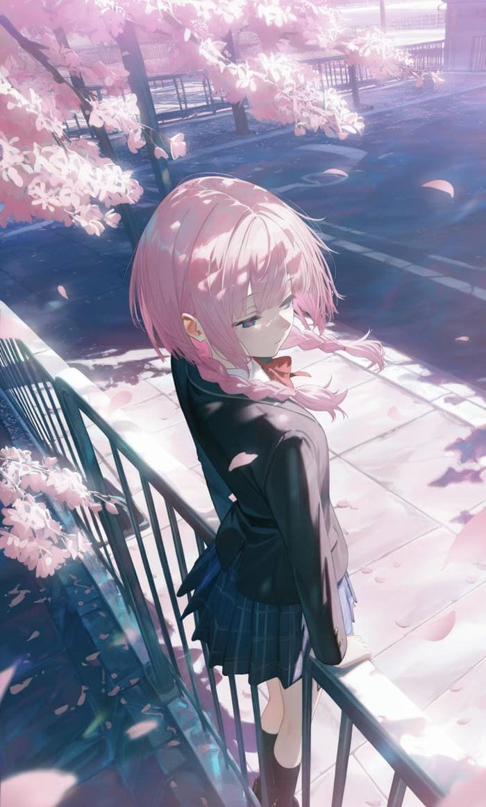 Hoa anh đào rơi trong tranh anime thơ mộng