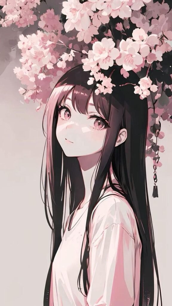 Nữ anime đứng dưới hoa anh đào