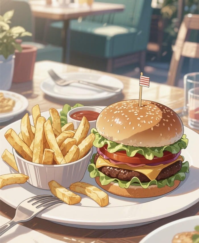 ảnh đồ ăn anime bánh kẹp rau cùng khoai tây chiên