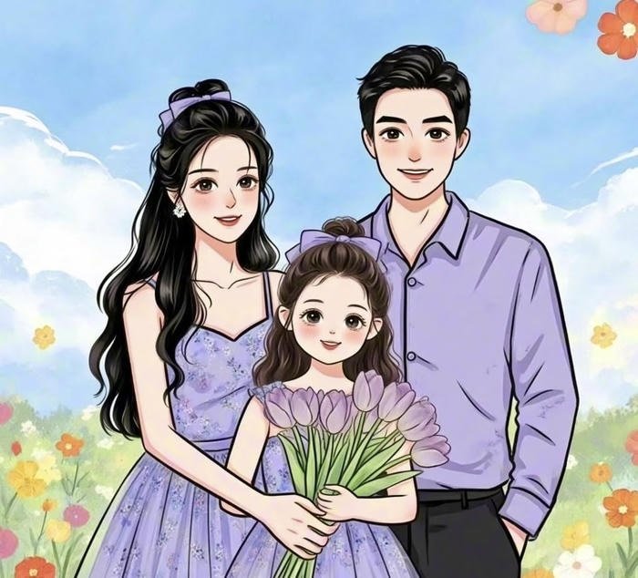 ảnh gia đình anime cả nhà mặc màu tím