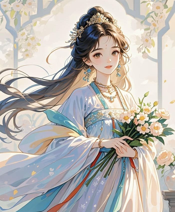 anime cổ trang ôm bó hoa