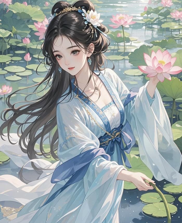 anime cổ trang tay cầm hoa sen