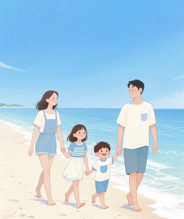 anime gia đình dắt tay nhau trên bờ biển