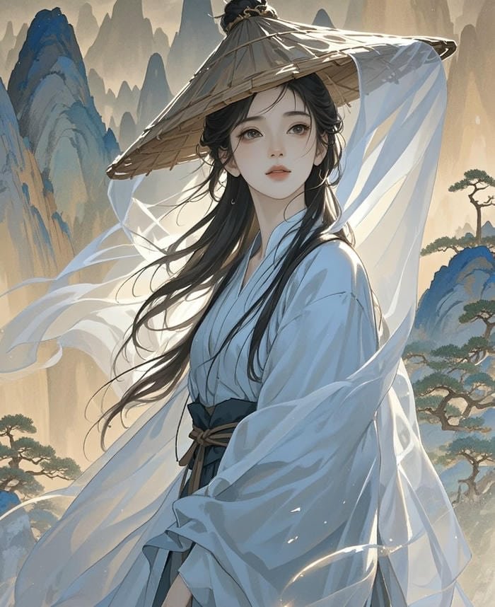 cổ trang anime nữ khách váy trắng