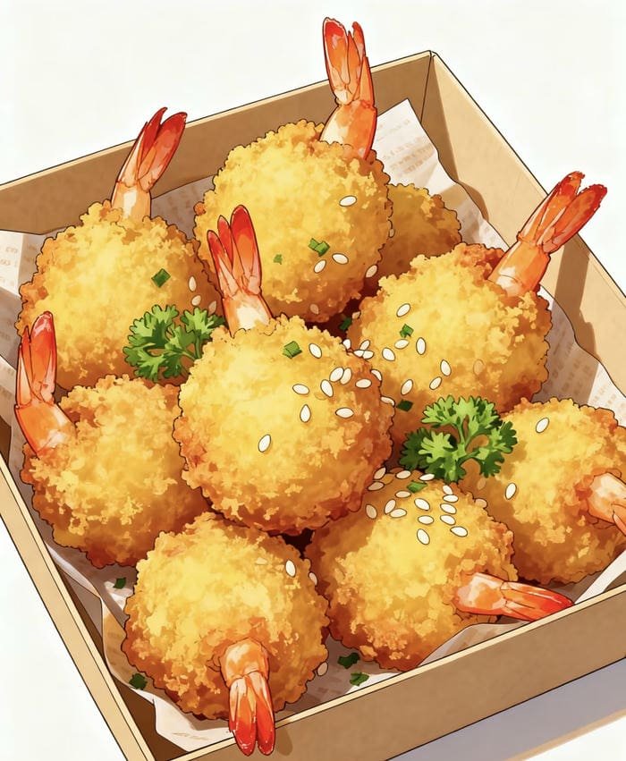 đồ ăn anime tôm chiên đùi gà