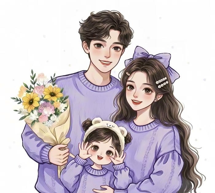 gia đình anime cười tươi bố cầm hoa