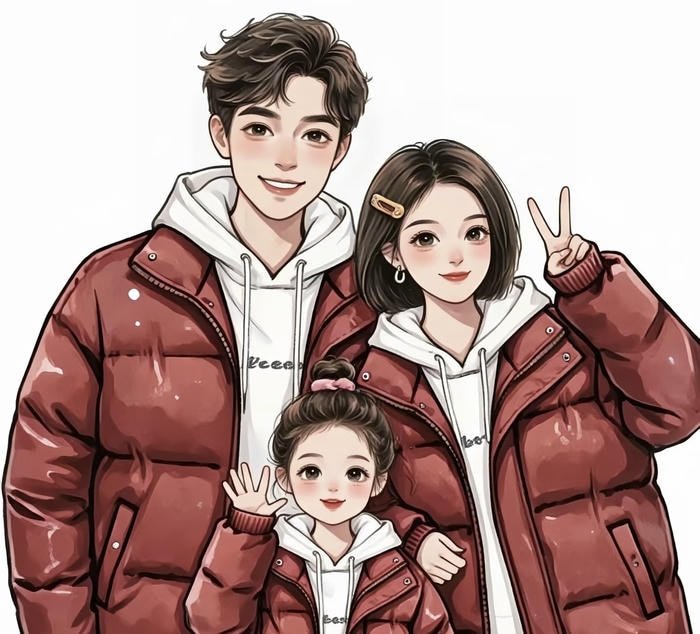 gia đình anime mặc áo phao đỏ