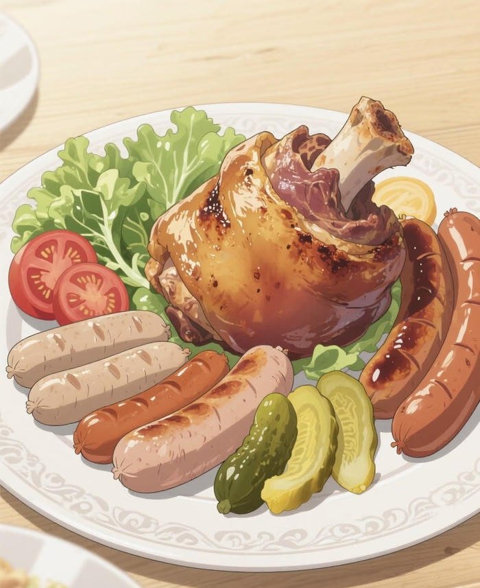 hình ảnh đồ ăn anime đùi heo và xúc xích nướng