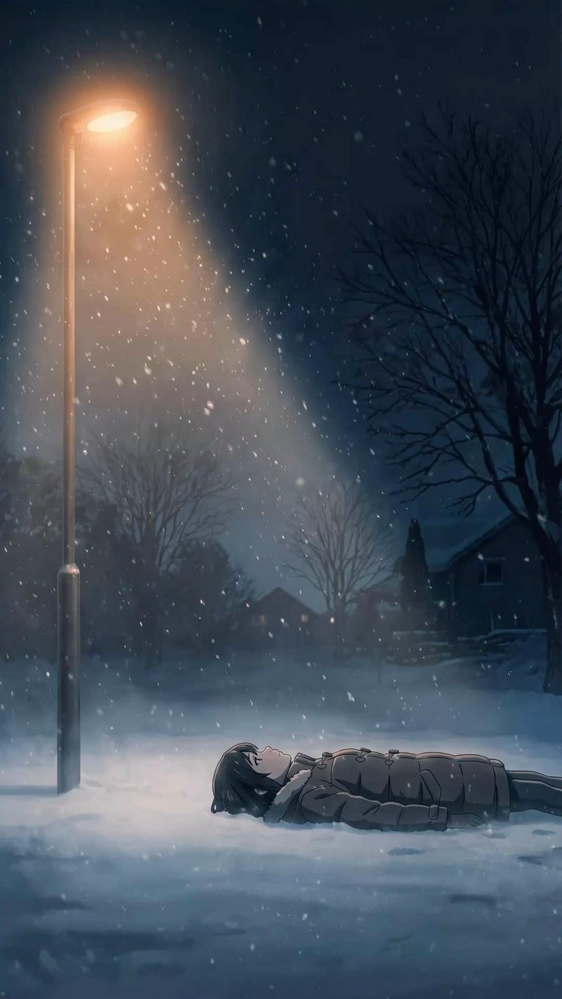 Ảnh tuyết rơi anime dưới ánh đèn đường