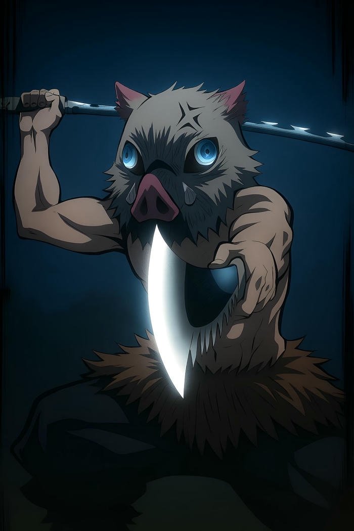 Anime Inosuke giơ kiếm chuẩn bị chiến