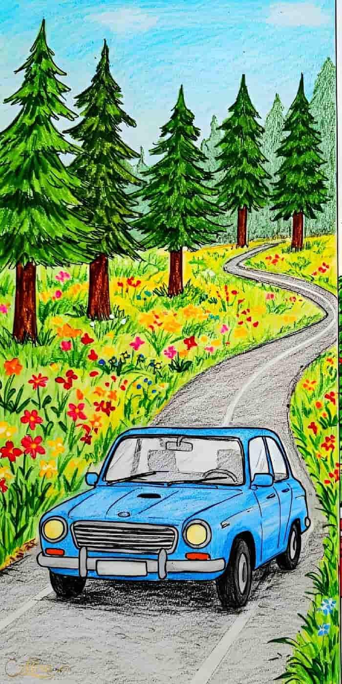 Bố cục hình ảnh gọn gàng trong tranh vẽ ô tô