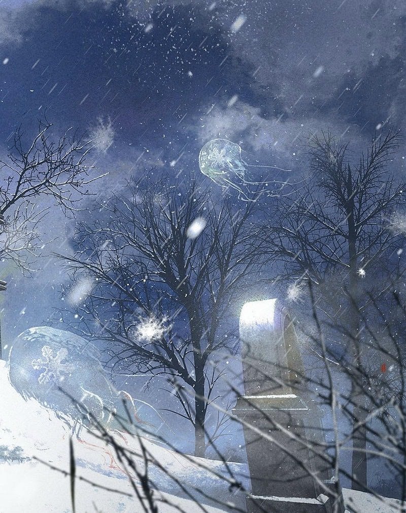 Bức ảnh tuyết rơi anime rừng cây trắng